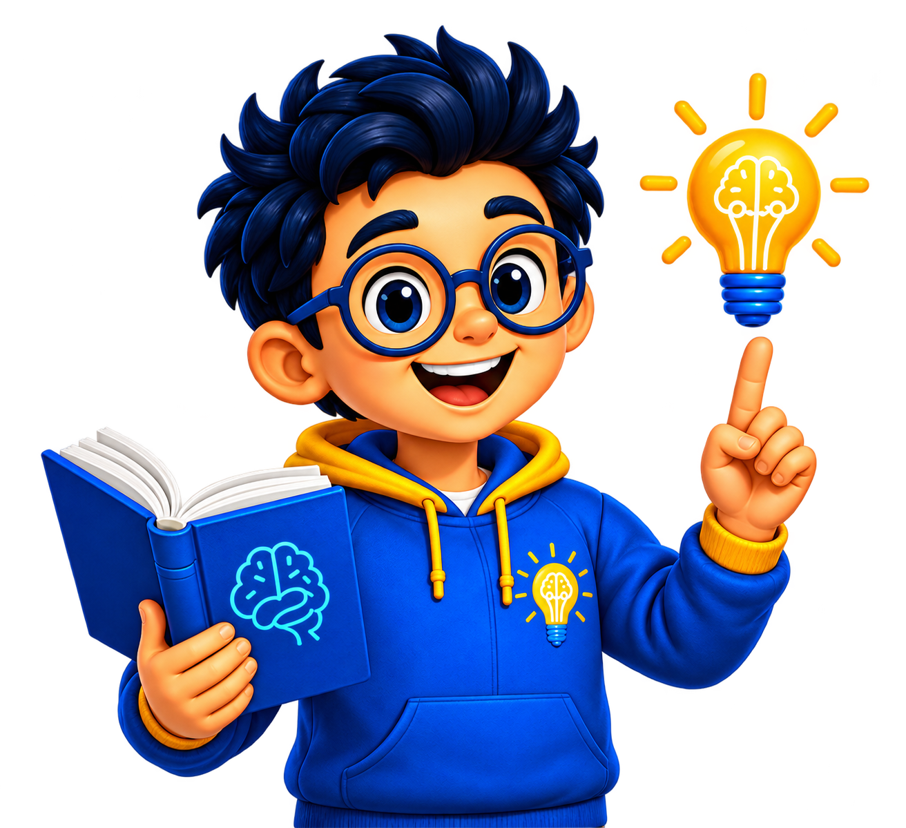 Mascote do Te Explico segurando um livro e apontando para uma lâmpada